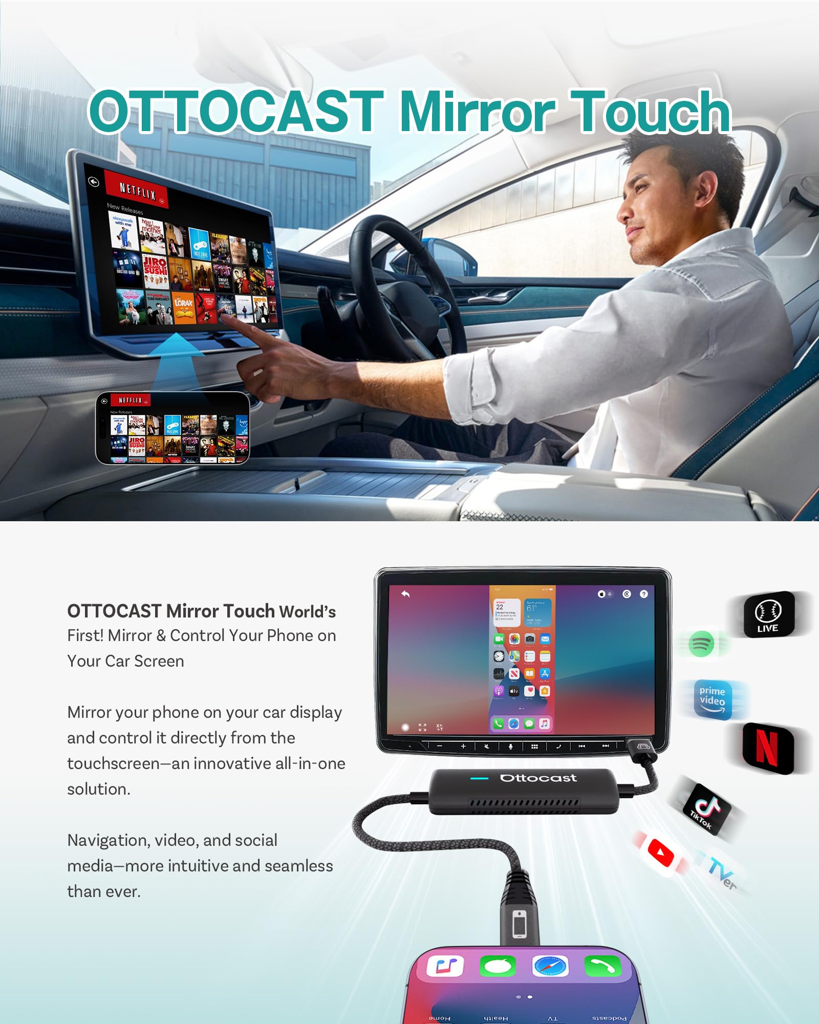 OTTOCAST Mirror Touch Wireless CarPlay Adapter - Bi-Directional
